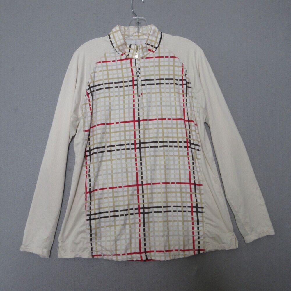 San Soleil‎ Top Plaid Mock Neck Zip UPF 50 Mesh Golf Outdoor Hike Camp